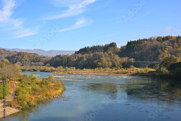 Obraz 秋の野沢温泉村を流れる千曲川と紅葉（長野県野沢温泉村）