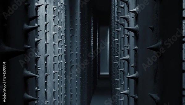 Obraz Dark corridor flanked by numerous tall spiked structures