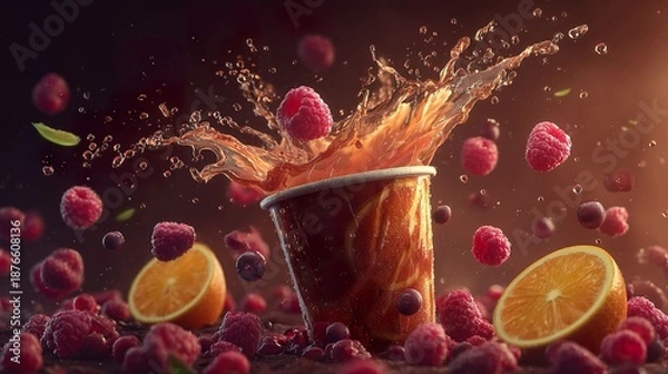 Obraz Raspberry juice splash with fruit and oranges