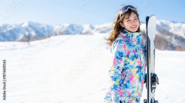 Obraz ゲレンデに立ちスキーを楽しむ女性