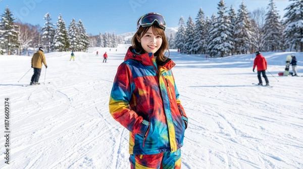 Obraz ゲレンデに立ちスキーを楽しむ女性