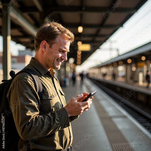 Obraz Man smiling while checking his phone at train station during daytime  