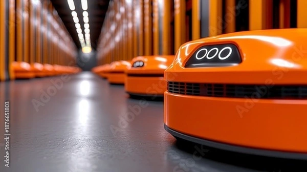 Obraz Orange Robots in a Modern Warehouse