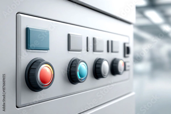 Obraz A close-up of a control panel featuring various buttons and knobs, suggesting technology and functionality in a modern setting.