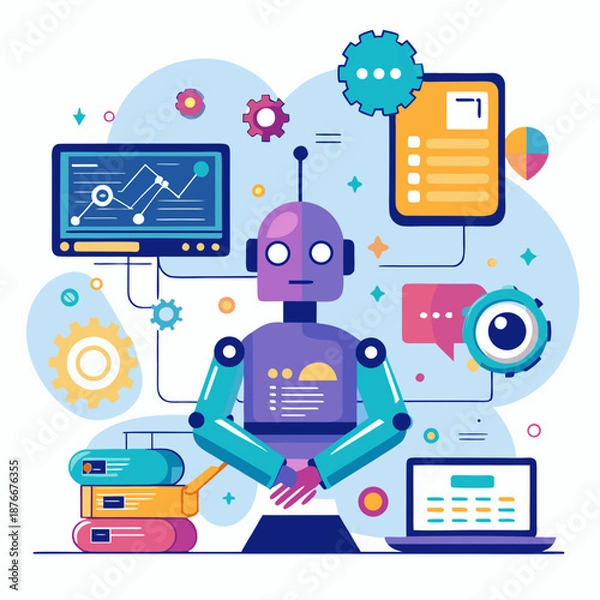 Fototapeta Robot interacting with digital devices and data visualization tools