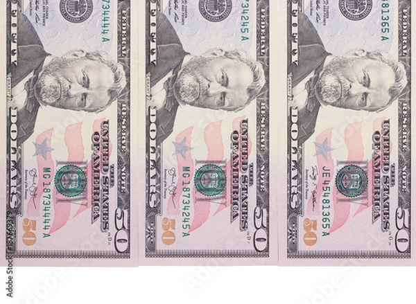 Obraz Three 50 dollar banknotes isolated on white background.