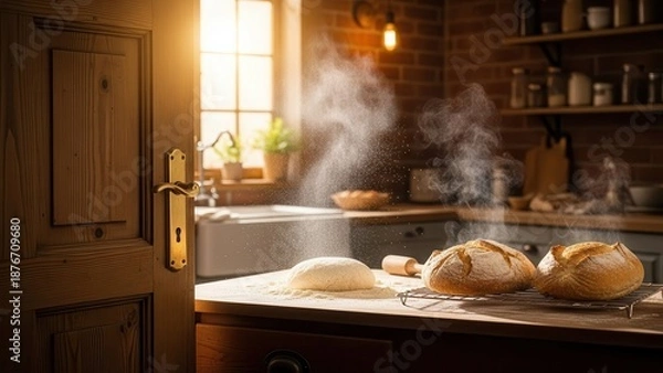 Obraz Freshly Baked Bread in a Warm Kitchen