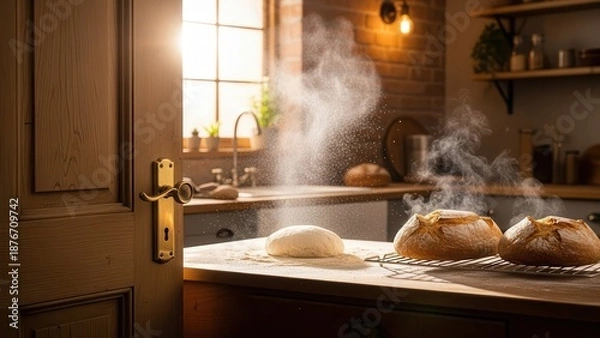 Obraz Freshly Baked Bread Steaming in a Rustic Kitchen