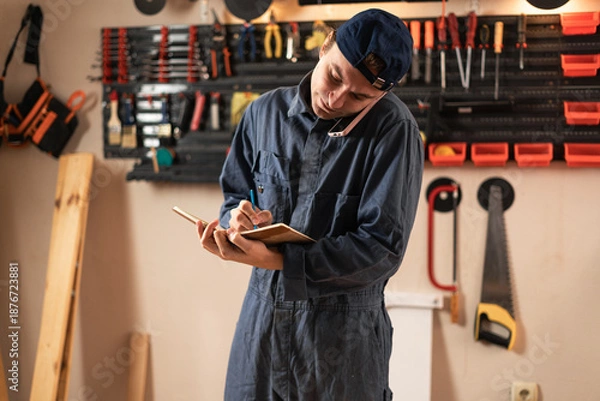 Obraz Handyman taking notes in notebook while talking with client on mobile phone in workshop