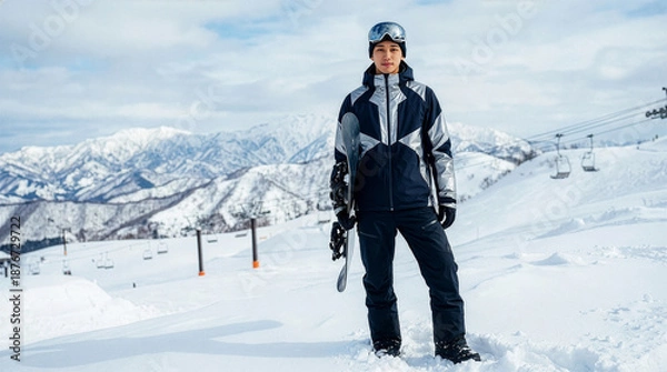 Obraz スノーボードを抱えゲレンデに立つ男性