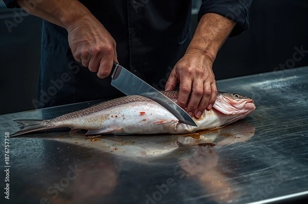 Obraz Fishmonger fillets whole fish with clean precise cuts on stainless work surface