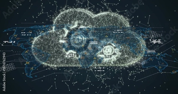 Obraz Floating luminous digital cloud hologram hovering above virtual 3D map, displaying security icons