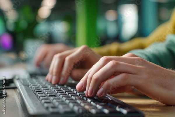 Obraz Computer Lab Focused Typing on Keyboard in Modern Workspace for Efficient