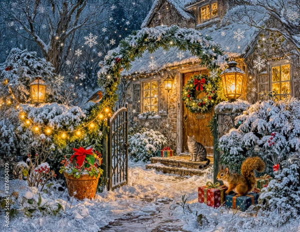 Obraz Winter Cottage with Squirrel, Cat and Robin Artwork