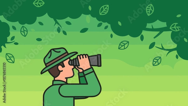 Obraz Cartoon Ranger Observing Nature Through Binoculars Illustration With Leaf Elements