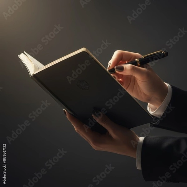 Obraz Hands write notes in notebook with pen during evening light