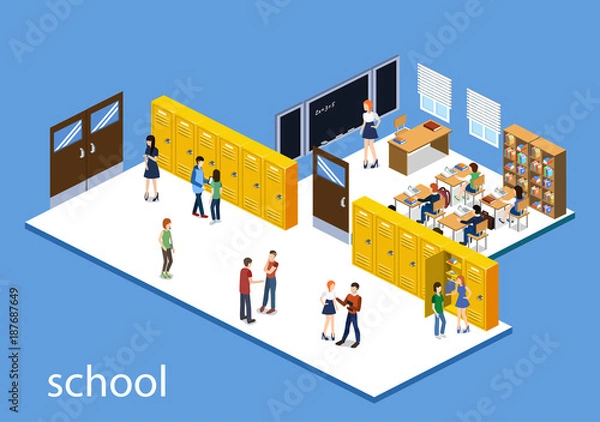 Fototapeta Isometric 3D vector illustration Interior class in school with students