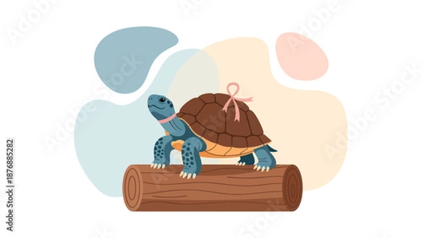 Obraz Friendly Turtle Sitting On A Log With Abstract Geometric Elements
