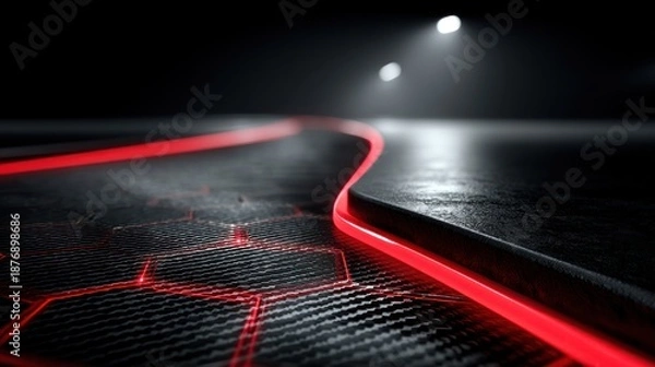 Obraz A dark, futuristic platform with red glowing lines and a hexagonal pattern.