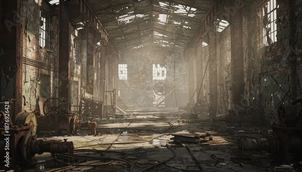 Obraz Decaying Industrial Warehouse with Sunlight Streaming Through Windows