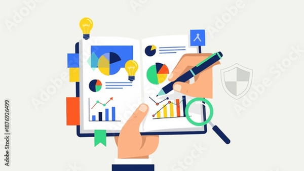 Obraz Hand holding tablet with data analysis graphics.