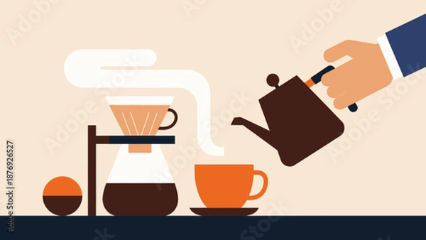 Obraz Hand Pouring Coffee from Kettle into Cup.