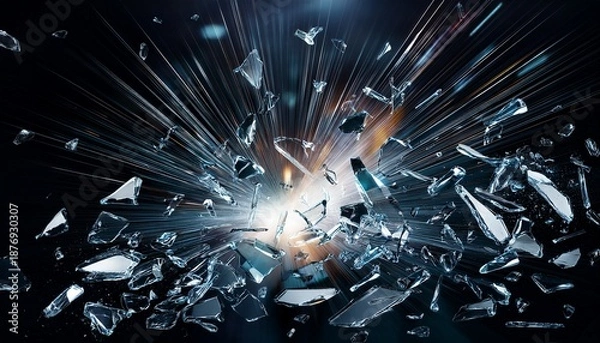Fototapeta Broken Glass Particles Explosion With Dynamic Light Reflections