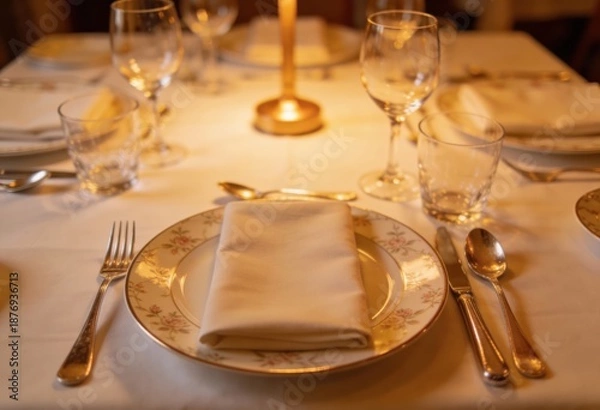 Obraz Elegant Dining Table Setting with Soft Candlelight Ambiance