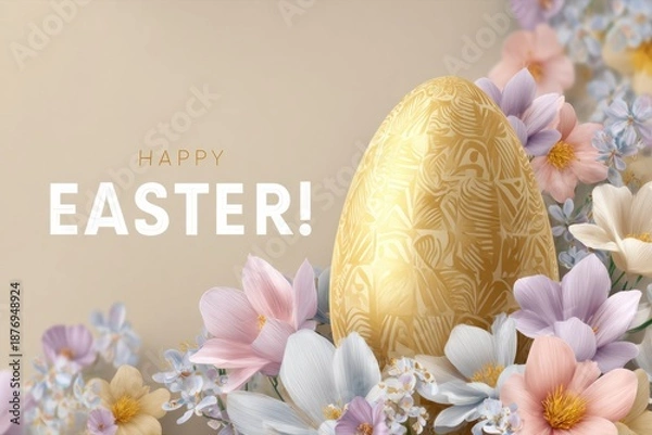 Obraz Elegant Easter card with golden patterned egg and soft spring flowers on neutral background studio