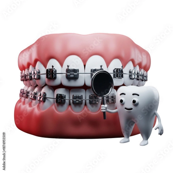 Obraz Tooth character inspecting braces