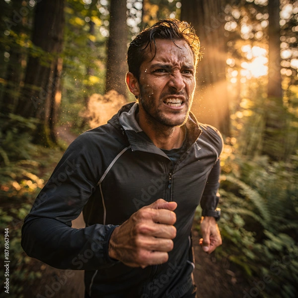 Obraz man is running in the forest