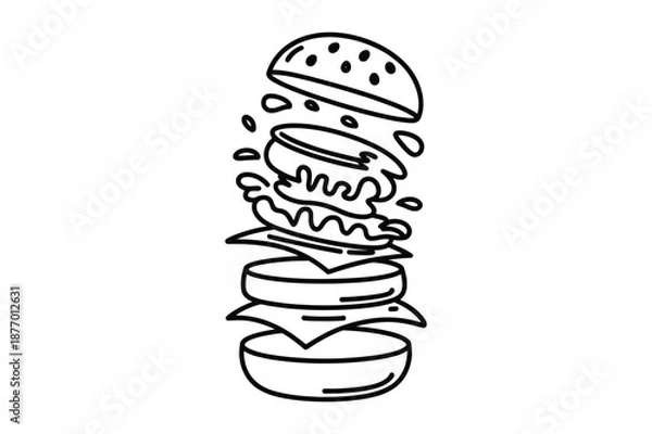 Obraz Exploded Burger Ingredients Line Art Illustration