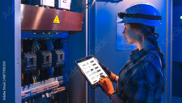 Obraz Woman engineer checks electrical panel using digital schematic. Technical inspection.