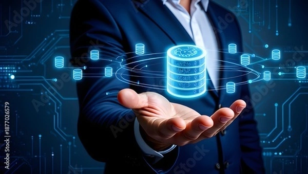 Obraz Data integration and ETL process. Data pipeline and data warehouse. Engineer holding database icons.