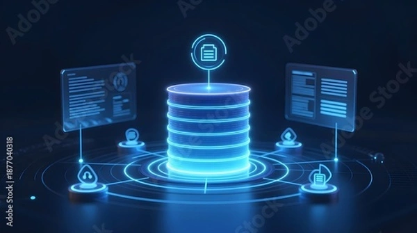 Fototapeta Secure data storage concept with database stack and digital interface elements surrounding a central lock icon in a futuristic blue environment.