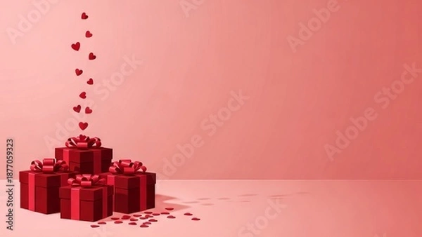 Obraz Red Gift Boxes with Floating Hearts on Pink Background