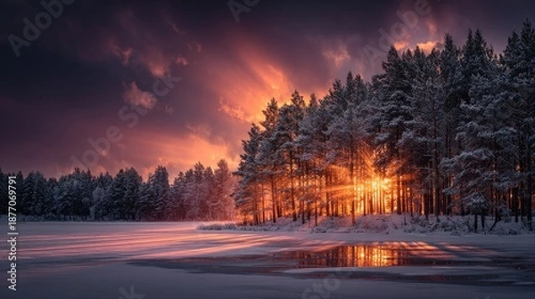 Obraz Winter forest landscape with snow and dramatic sunset lighting