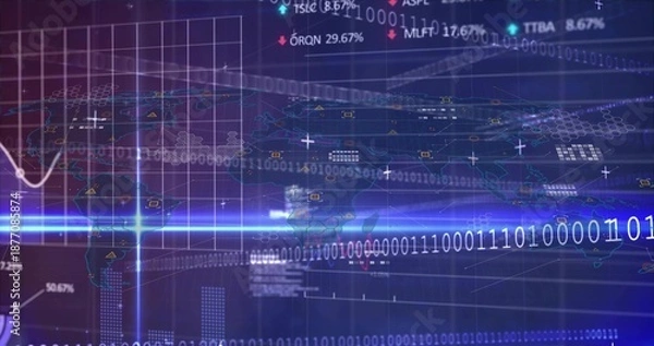 Obraz Displaying digital HUD highlighting blue beam and binary stream on virtual screen, with map nodes