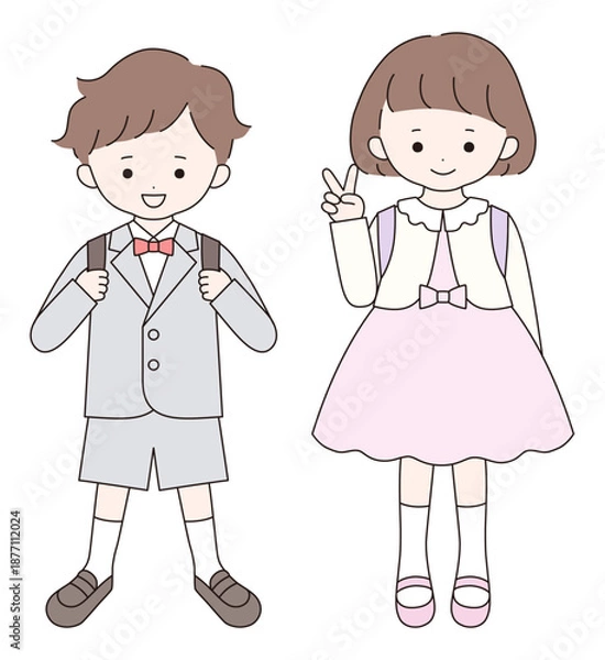 Obraz 入学式にフォーマルな服装をしたかわいい子供達のベクターイラスト。男の子、女の子、小学生