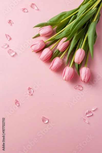 Obraz 春のバナーや縦型広告に合うピンクチューリップ花束のトップビュー背景デザイン. 生成AI