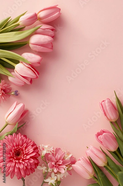 Obraz パステルピンク背景にピンクのチューリップ花束が映える春の縦型フラットレイデザイン. 生成AI