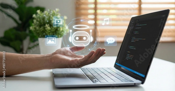 Fototapeta Multimodal AI chatbot tool, AI agent automation software, Developer coding with hologram, Generative AI technology tool