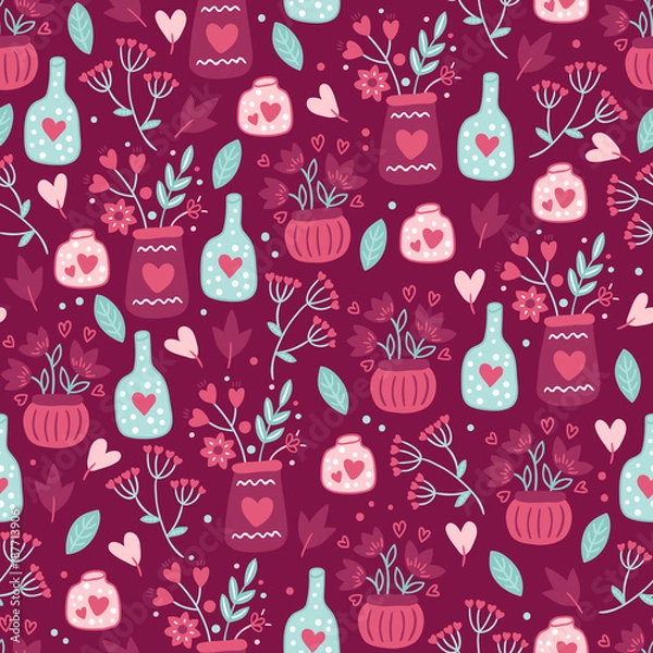 Fototapeta St. Valentine's Day seamless pattern with bouquets, leaves, flowers, hearts