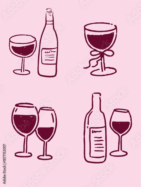 Obraz Whimsical Wine & Glasses Hand Drawn