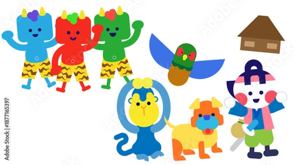 Obraz 鬼退治を終えて家に帰る桃太郎と仲間たちの日本昔話イラスト