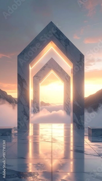 Obraz Marble archway frames a sunrise over clouds and mountains