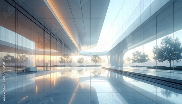 Obraz Modern, spacious interior with large windows, trees, and soft lighting