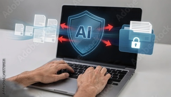 Obraz Protecting data with AI technology on a laptop screen.