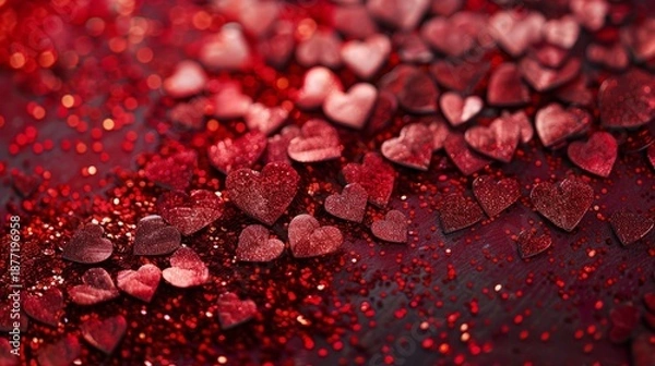 Obraz Red Glitter Hearts on a Dark Background