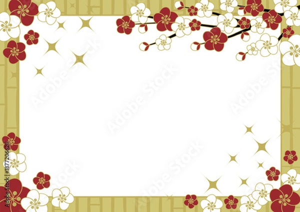 Obraz 梅と竹垣、金、フレームイラスト、かわいい、シンプル、横